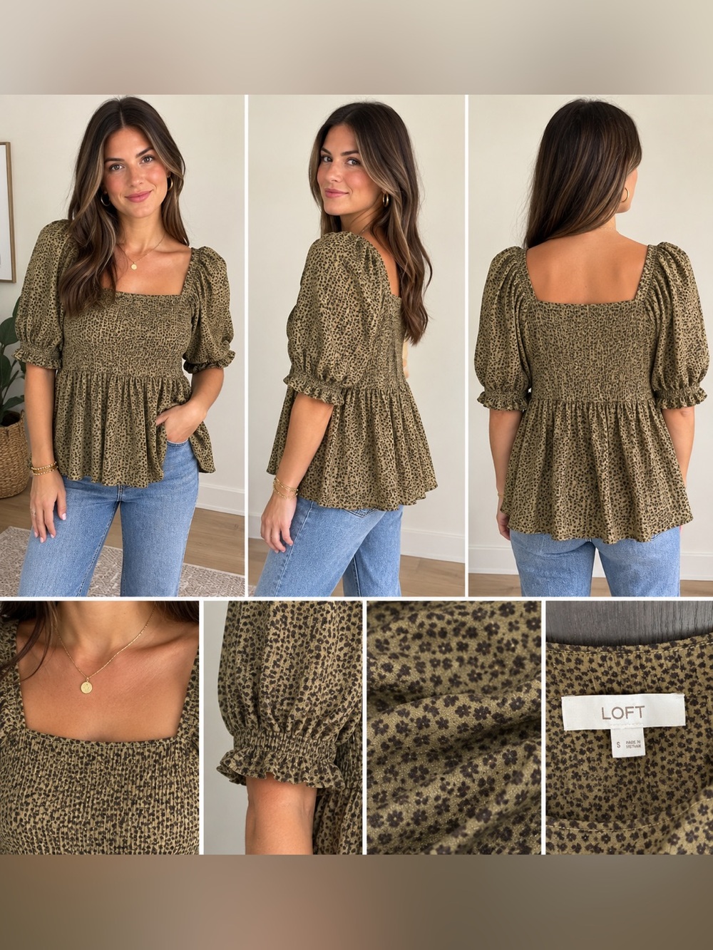 LOFT Olive Floral Smocked Peplum Puff Sleeve Top Size Small